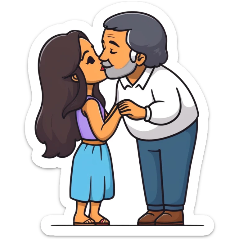 Beautiful woman with long dark hair, kissing a older Hispanic man sticker