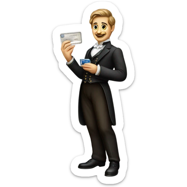 galora waiter Victorian dress elegant full body, holding big credit card sticker