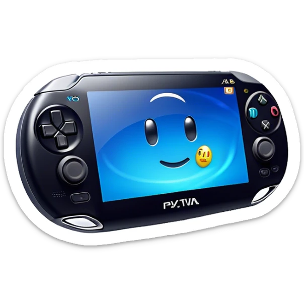 Clash of Clans aesthetic: Cinematic Playful PlayStation Vita Portrait Emoji, rendered in a 3D vector-style similar to standard emojis with minimal shading and bold, simplified shapes. A compact, distinct form with signature details, softly glowing with a cutting-edge console technology charm. Simplified yet unmistakably iconic, highly detailed and consistent, glowing with a soft radiance and high shine. Stylized with a touch of technological advancement and a soft glowing outline, capturing the essence of a beloved gaming relic with a friendly, playful manner! sticker