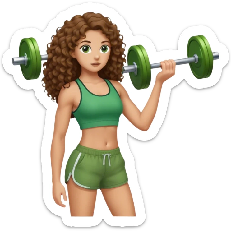 white girl with long brown curly hair in green top and shorts holding weight on her back sticker