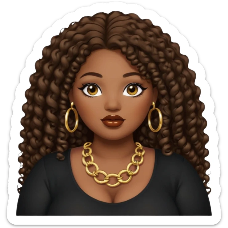 big plus size, darker skin, gold hoops, long dark brown curly hair, baddie,pretty, makeup, lipgloss, black eyeliner, long hair, black top sticker
