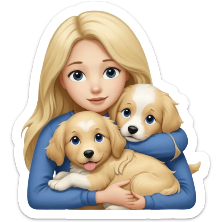 20-year-old dirty blonde woman with long hair and dark blue eyes, hugging an English cream golden retriever, affectionate and playful sticker