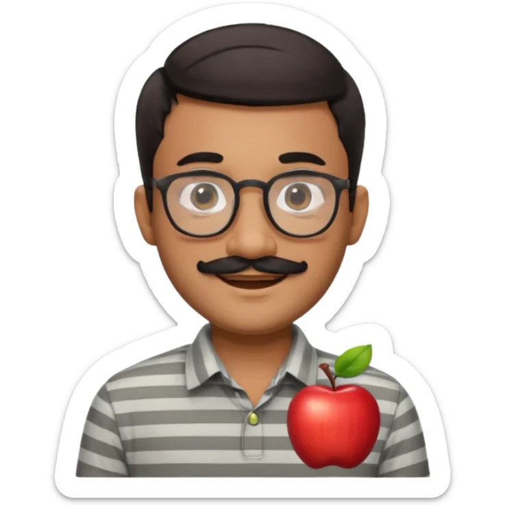 cheerful young South Asian man, short dark hair, round glasses, thick black mustache, light grey striped collared shirt, smiling, Apple emoji style, friendly and welcoming sticker