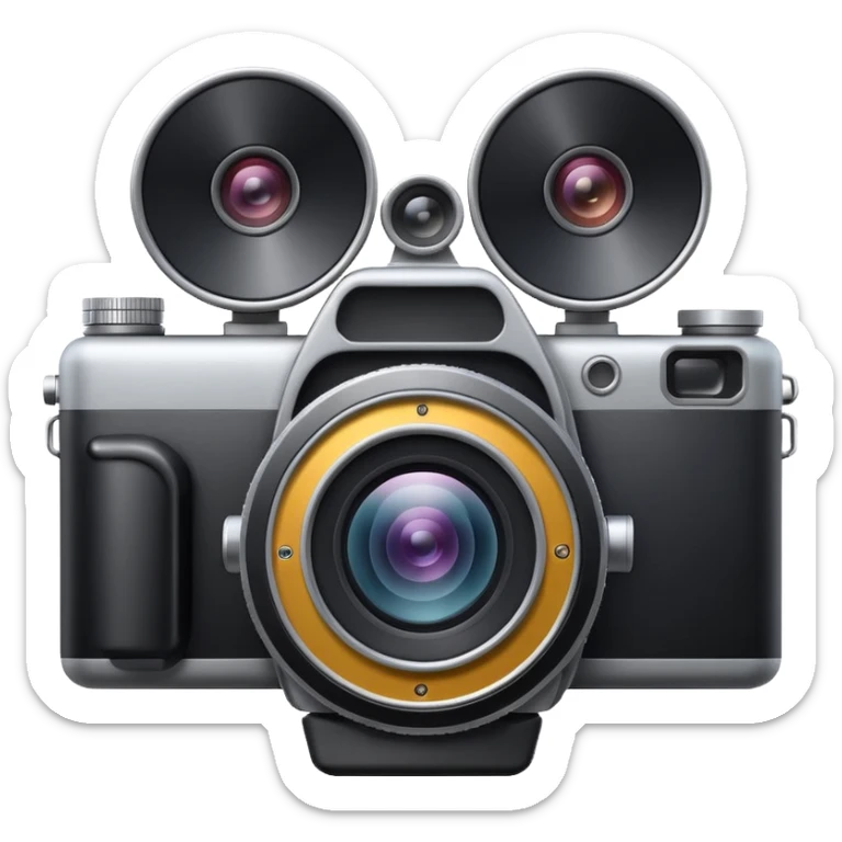 Minimal emoji icon of a huge cinematic metalic camera, front view, realistic lens, no gold sticker