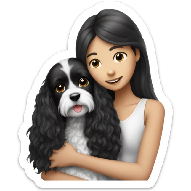 Black and white cavoodle getting hugged by long hair Asian girl sticker