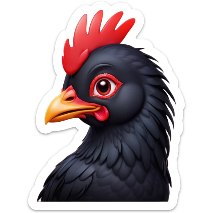Cinematic Cute Black Chicken Portrait Emoji, Head tilted playfully and inquisitively, featuring sleek, lustrous black feathers and a vibrant red comb, round, sparkling beady eyes filled with curiosity, Simplified yet irresistibly adorable features, highly detailed, glowing with a warm, friendly glow, high shine, affectionate and lively, stylized with a touch of whimsical charm, bright and endearing, soft glowing outline, capturing the essence of a mischievous yet loving chicken, so playful it feels like it could peck out of the screen and into your arms! sticker