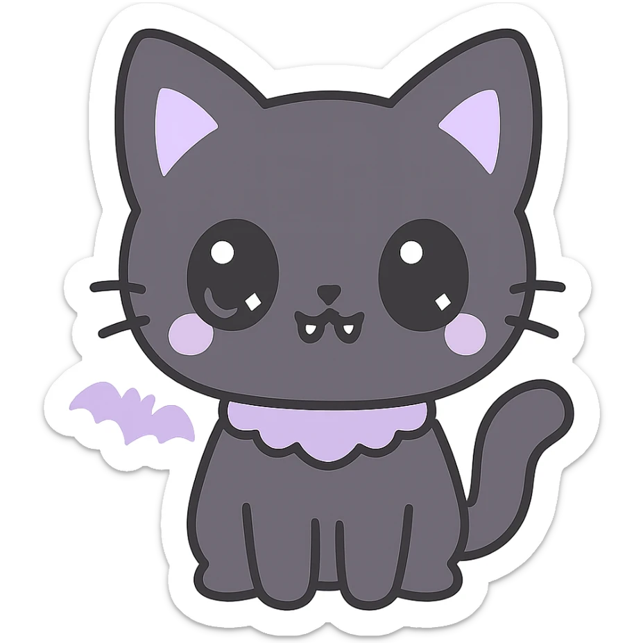 kawaii style gothic cat, adorable face, black and purple fur, sparkling eyes, tiny fangs, sweet and spooky sticker