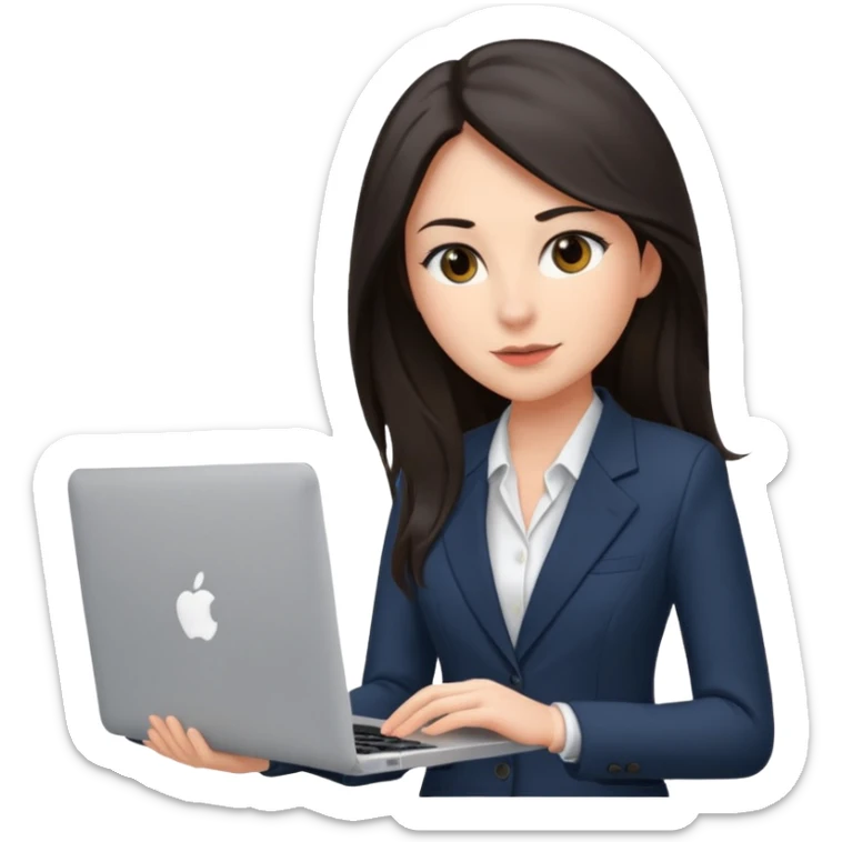 Sales women specialist in shipping with dark long hair with suits and MacBook  sticker
