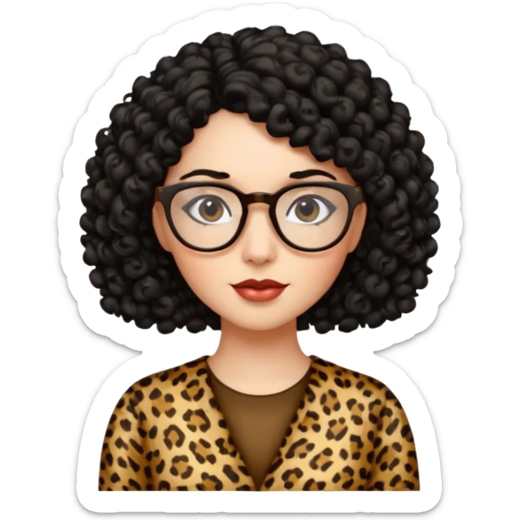 A women who wears glasses with a black curly hair, in a leopard print dress  sticker
