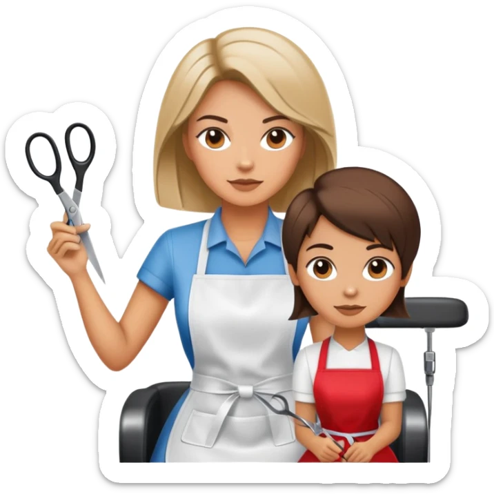 woman in apron sitting in salon chair, female hairstylist behind her with scissors sticker