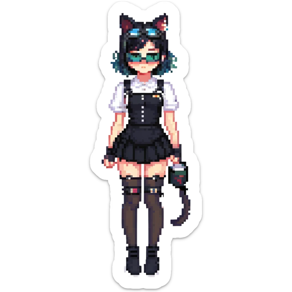 a woman in black clothing and goggles, 1girl, thighhighs, solo, animal ears, cat ears, skirt, black hair, goggles, black skirt, black thighhighs, 3d style sticker
