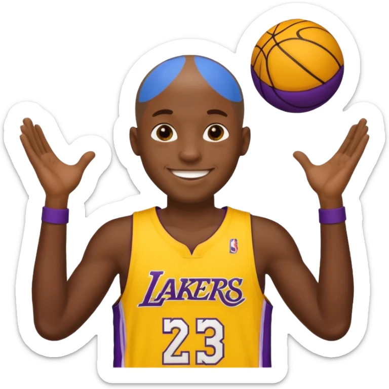["Very dark skin male, shaved head, wearing a yellow Lakers jersey."] sticker