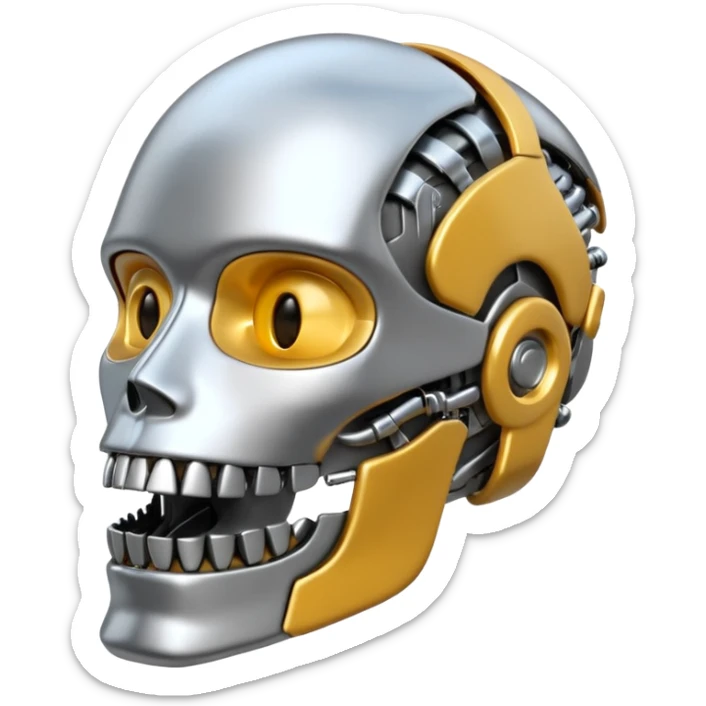 3D render of Steel Jaw, futuristic cyborg aesthetic, fusion of organic skin and chrome metal, brushed steel lower jaw attached to a pale skin face, emoji style, isolated on white background --v 6.0. sticker