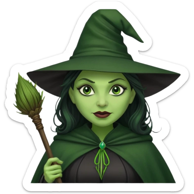 elphaba wicked witch with broom close up, evil dark coily long  hair, green skin, thick green lips, cheekbones, smirk evil menacing cythia erivo dark aesthetic black hat cloak  sticker