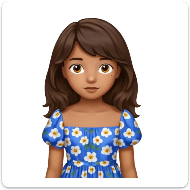 Teenage girl with golden brown skin, chocolate brown eyes, dark wavy hair with curtain bangs, and blue floral dress sticker