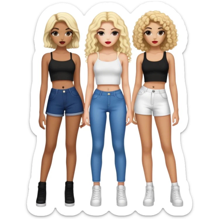 Full body of two teenage girls standing together, one white with straight blonde hair and one brown-skinned with curly black hair, both with heavy makeup, big lips, crop tops and choni style clothing sticker