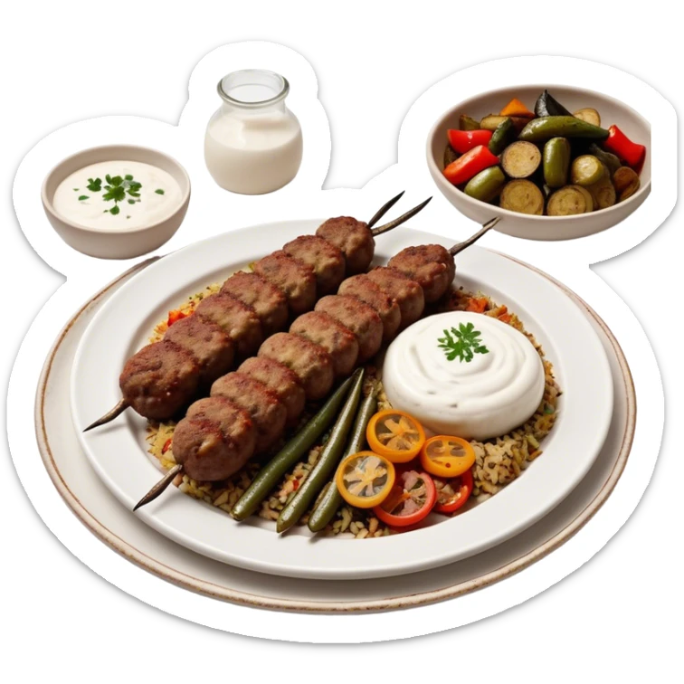 Cinematic Realistic image of a long, hand shaped Turkish Köfte, rendered with richly spiced meat textures and subtle grill marks, artfully arranged on a traditional Turkish ceramic plate alongside classic sides such as a serving of aromatic pilaf, crisp grilled vegetables, and a dollop of creamy yogurt, all bathed in warm, appetizing lighting that emphasizes its savory allure. sticker