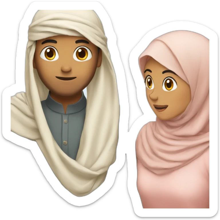 muslim girl trying to put her hijab but with wind and her husband holding her veil so it doesnt go fly away sticker