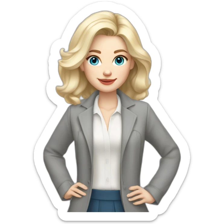 pale skin woman interior designer with cold blonde middle length hair, blue eyes, White blouse, Gray oversize jacket, Gray skirt holding a color palette in the hands sticker