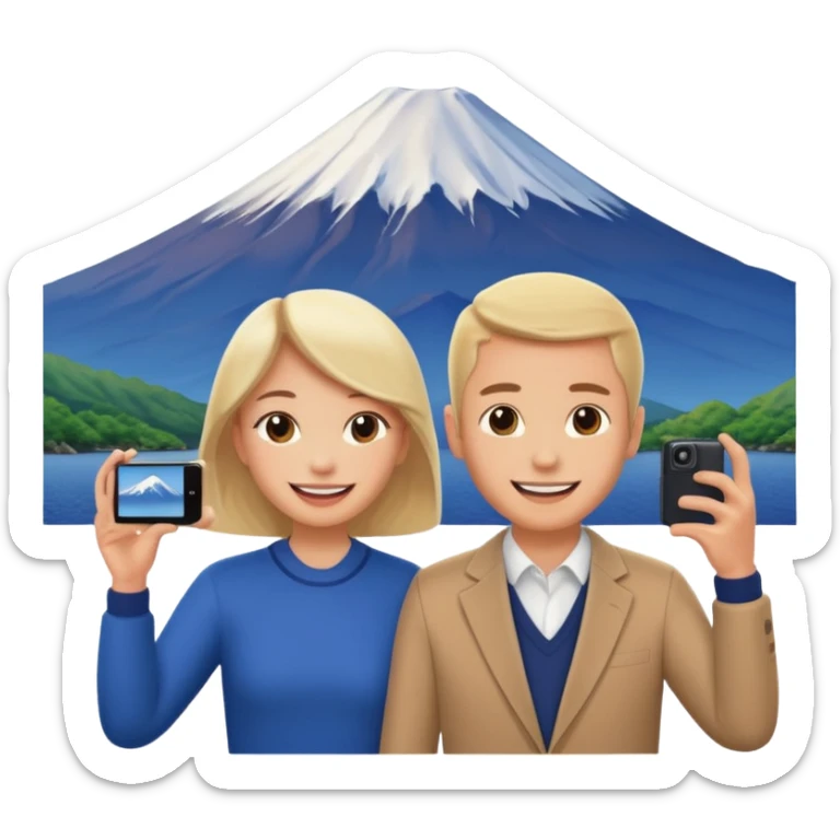 A couple of white people vacationing in Japan, taking a photo with Mount Fuji in the background sticker