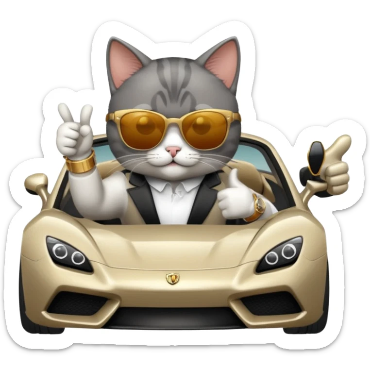 cat wearing sunglasses and a watch giving a thumbs up next to a fancy car sticker