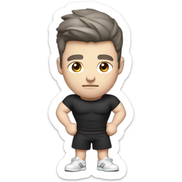 Confused Pale skinned Fit Man With the biceps and dark brown hair in black shirt, gray sports shorts and white Sneakers sticker