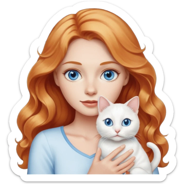 Long wavy strawberry blonde blue eyes woman with a white cat with blue eyes realistic  sticker