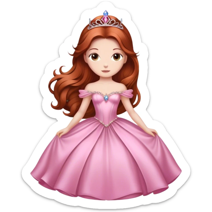 Cinematic Majestic Sleeping Beauty Portrait Emoji, rendered in a clean, vector-style with bold, simplified shapes. Show Aurora with a serene, noble expression, luminous porcelain skin, and elegantly flowing auburn hair, dressed in an opulent pink ball gown. The design radiates a majestic, enchanted glow with high shine and a soft glowing outline, embodying classic royal elegance. sticker