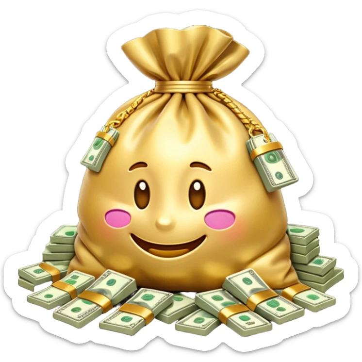 Luxury 3D emoji, overflowing money bag, stacks of cash, premium lighting, rich glossy look, ultra clean, transparent background


 sticker