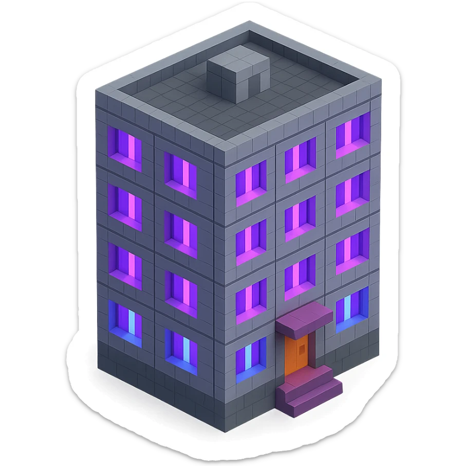 voxel style Russian panel apartment building with fewer blocks, gray concrete, windows glowing with ultraviolet (UV) color, isometric view sticker