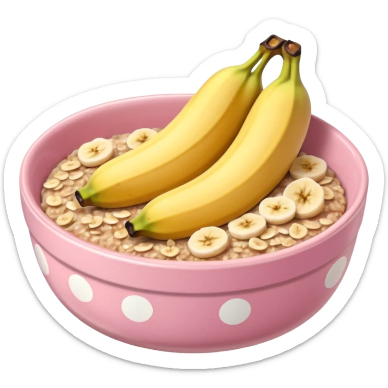 banana baked oats in a bowl like oat meal with a couple banana slices on top that look a little bit caramelised and a light pink bowl with white polka dots please with NO whole banana on top just slices  sticker