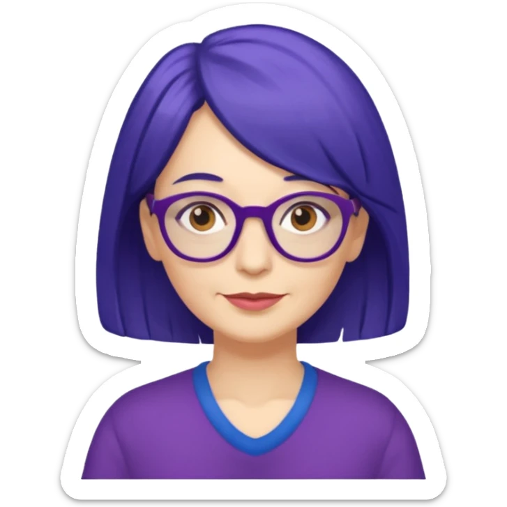 50-year-old woman with purple glasses, brown eyes, and indigo shoulder-length hair sticker