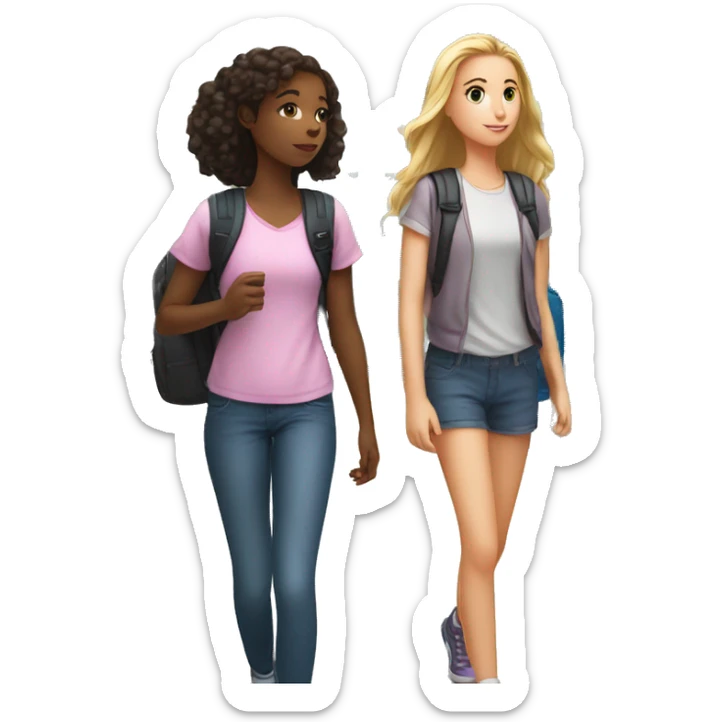 White teen girl and black teen girl are talking and walking with lockers and a lot of school kids behind them sticker