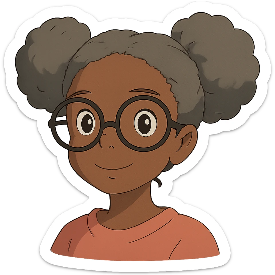 african american girl head with oversize glasses and gray hair in bunches, ghibli style sticker