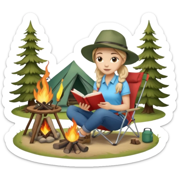 A pony tail hair woman journaling on a camping chair, enjoying the quiet nature scene beside a campfire sticker
