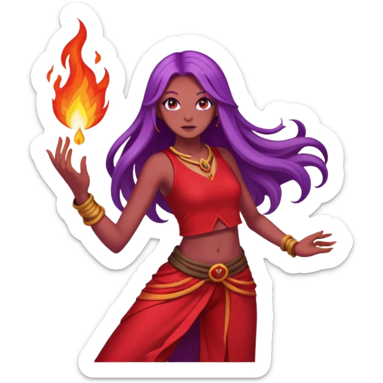 Fire contact poi dance, girl with long purple hair, red clothes sticker