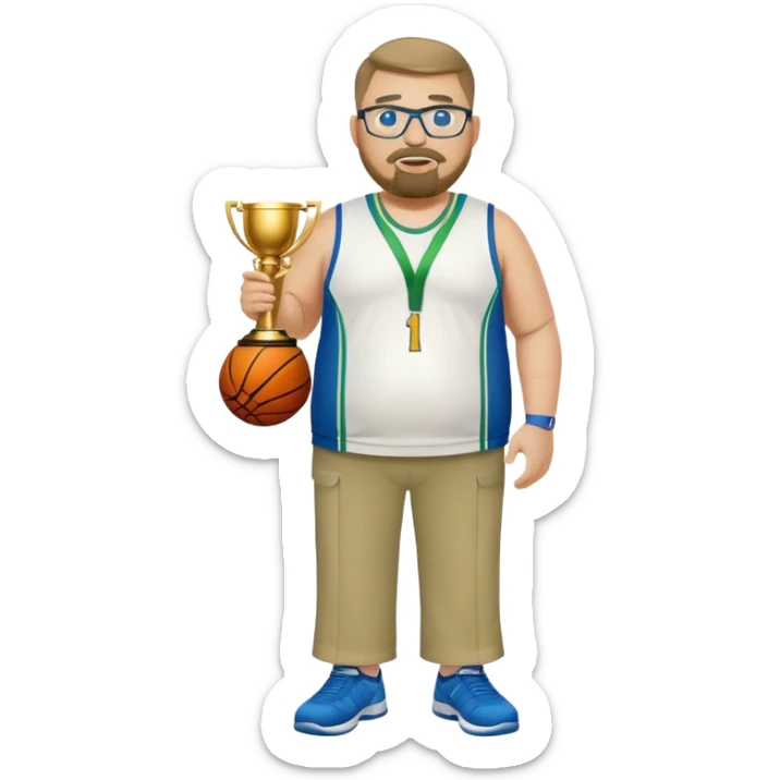 full body white obese male basketball coach with trophy. Goatee , Wearing glasses and blue and green polio and khaki pants sticker