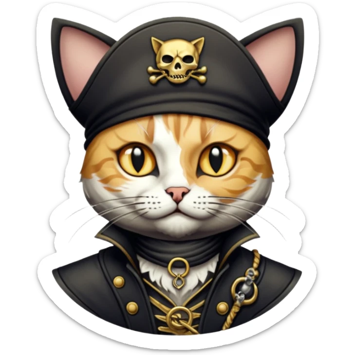Highly detailed dark fantasy sticker art,cat, gritty pirate aesthetic, intricate engraving style, cinematic lighting, gold and charcoal color palette, sharp edges, white border, vector contour --v 6.0 sticker