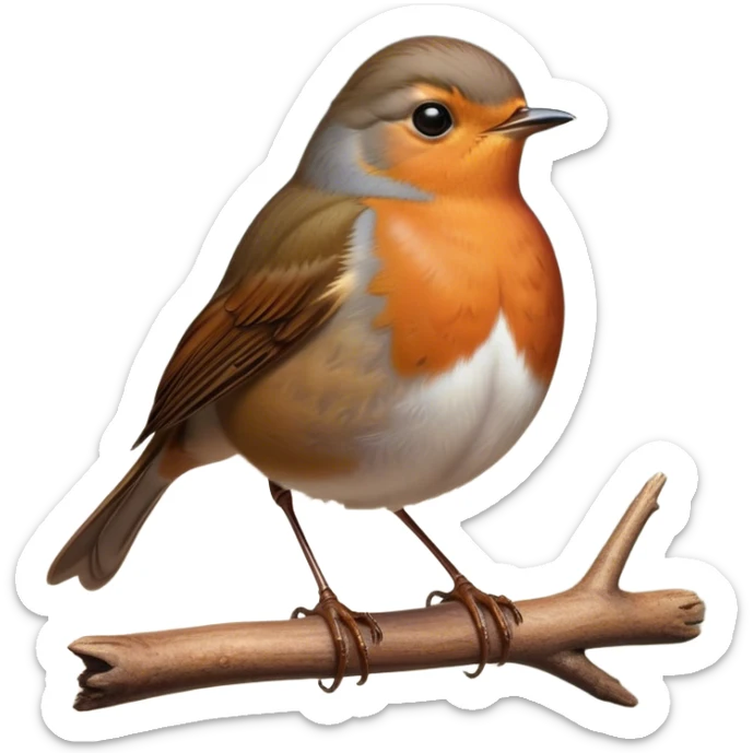 Cinematic Noble Robin Portrait Emoji, Poised and dignified, with a delicate, rounded build, a soft rust-red breast, gentle inquisitive eyes, and a small, refined beak, Simplified yet sharp and sophisticated features, highly detailed, glowing with a soft, warm glow, high shine, intelligent and graceful, stylized with an air of woodland charm, focused and attentive, soft glowing outline, capturing the essence of a watchful and confident robin that appears ready to flutter out of the screen with effortless authority! sticker