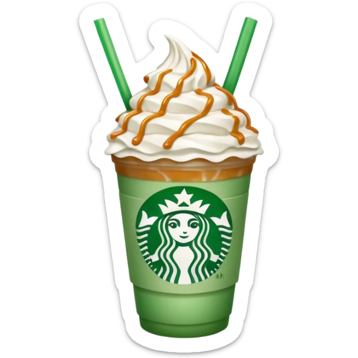 A 3D cartoon Starbucks Frappuccino cup with whipped cream and caramel drizzle, frosty texture, green straw, transparent cup with logo, soft cool lighting, Memoji-style. sticker