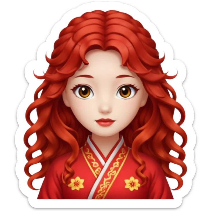 Beautiful girl, red hair,wavy hair，long hair,Black eyes,Chinese con lente sticker