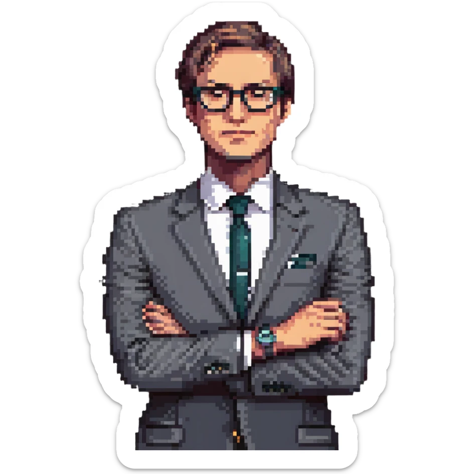 pixel art illustration of a businessman from the waist up, wearing a suit and glasses, hand under chin, gazing to the side with thoughtful expression, luxury watch subtly shown on wrist, curious and contemplative mood, clean background sticker