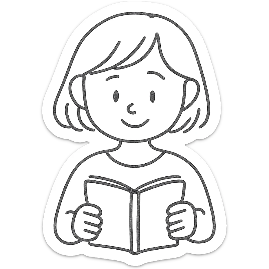 A girl with short light brown hair holding a pink book, wearing a mint shirt sticker