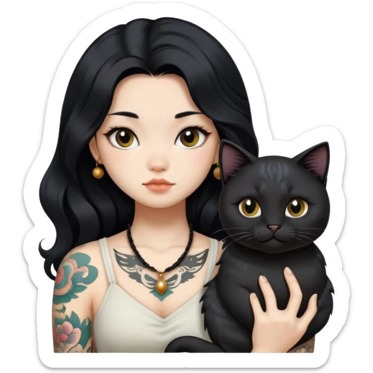 a Chinese girl with long black  Big Wave hair and tattoos and a black round faced cat  sticker