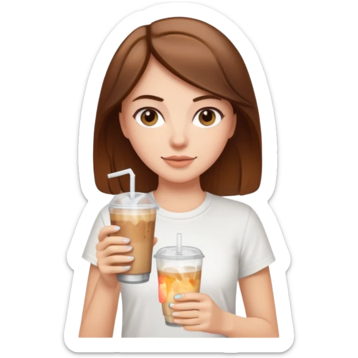 A white girl with brown hair and wearing a white tee holding an ice coffe sticker