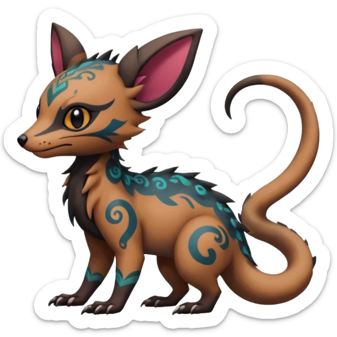 Rare warm-colored exotic cute epic aesthetic gothic colorful Salandit-Eevee-Trico-Civet-species-Fakemon-hybrid-creature, with intricate tattoo markings, full body sticker