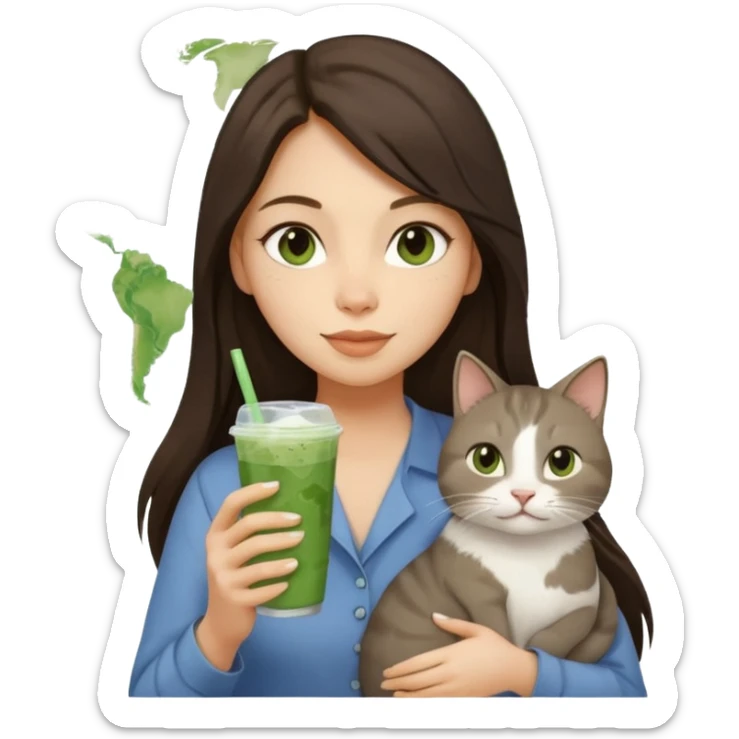 a brunette woman with long hair in here 30S drinking an iced matcha, carrying a grey cat and a map of the world sticker