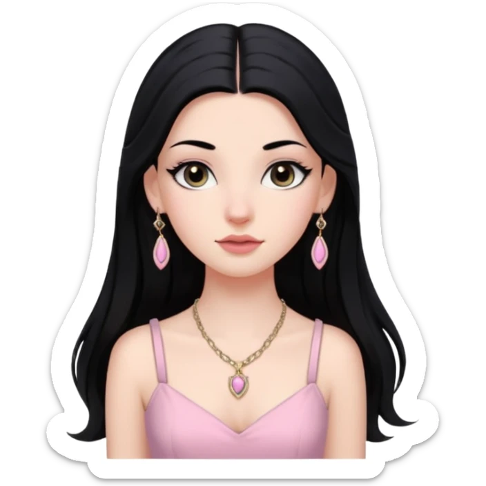 Menina branca ,cabelos longos cor preta , olhos cor preta puxados para cima. Cílios longos, lábios grossos ,nariz pequeno.vestido rosa claro de alça. Jovem de 16 anos .colar e brinco vivara sticker