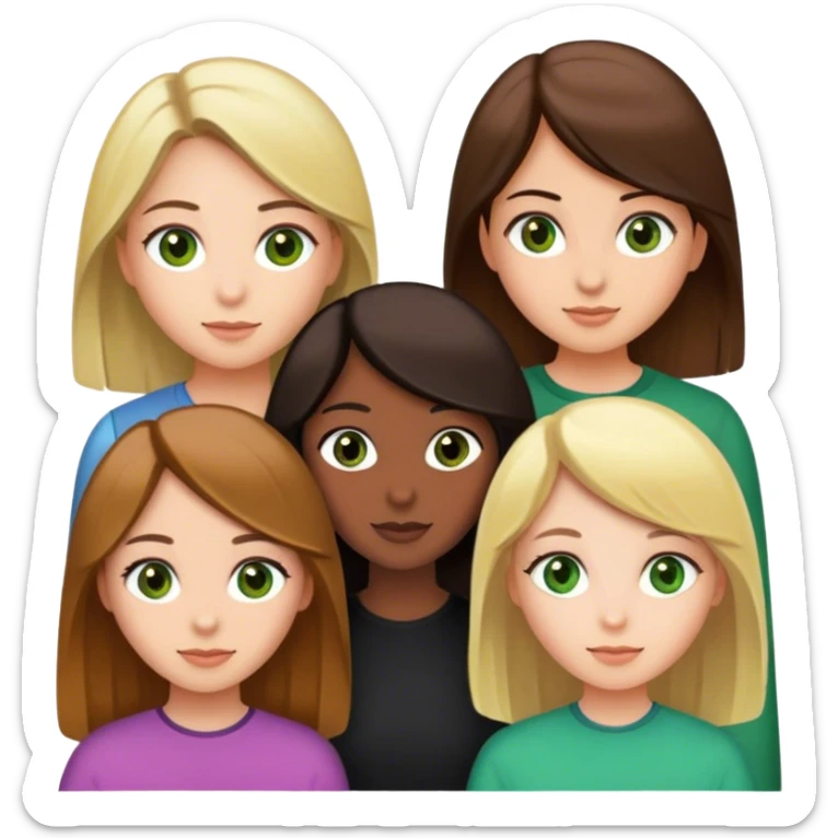 5 friends (1 girl Dark brown hair and brown eyes, 1 girl blonde green eyes, 1 girl black hair brown eyes, 2 girl twins light brown hair and hazel eyes) sticker