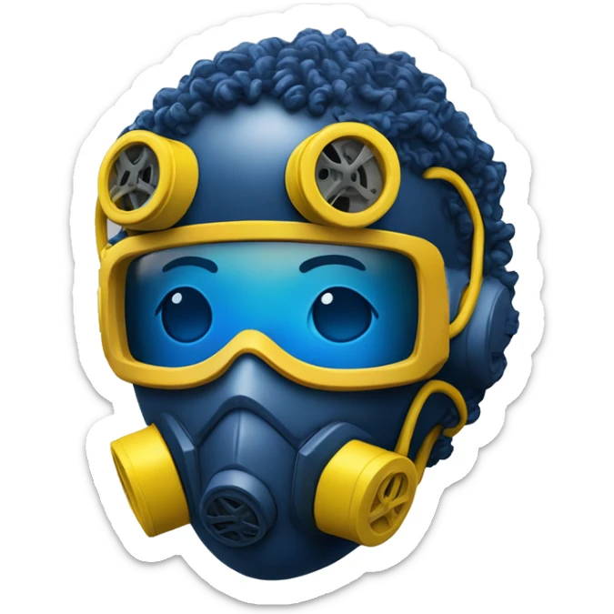 Dark Blue curly hair cyborg head with yellow respirator mask and circuitry sticker